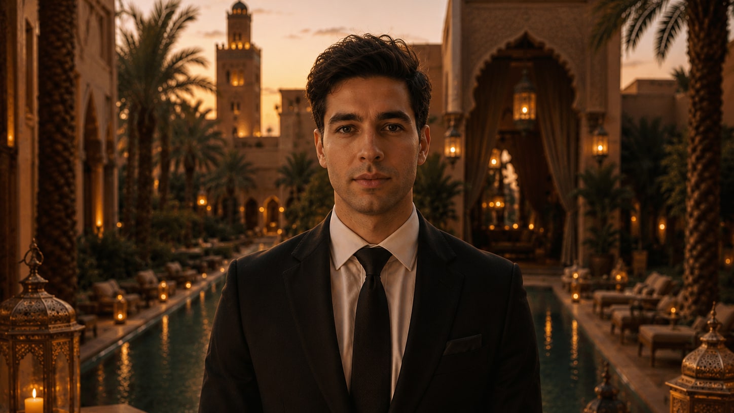 Mohamed Ben sirviendo té a la menta a un huésped en un riad de Marrakech.