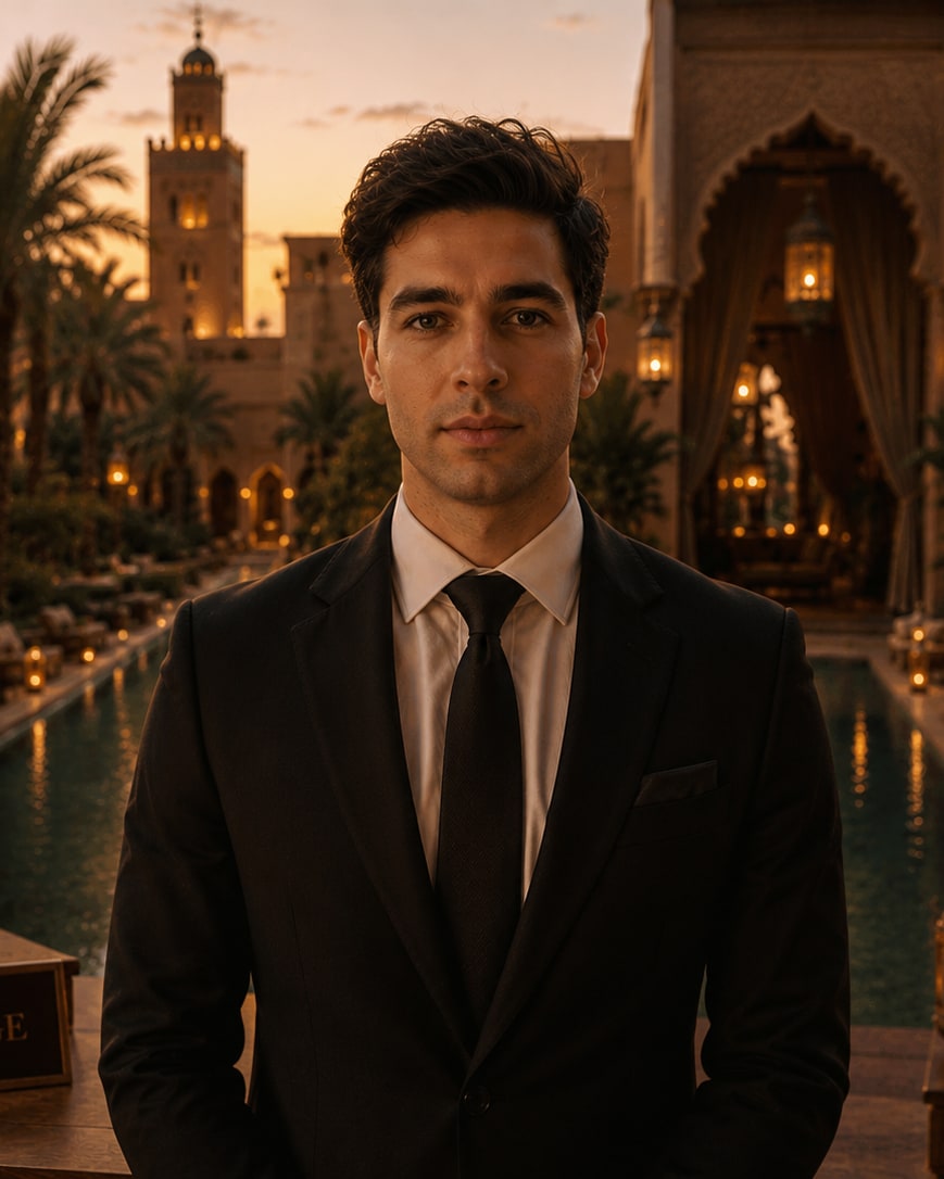 Retrato de Mohamed Ben, fundador y concierge, en su biblioteca de Marrakech.